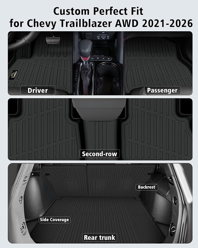 Floor Mats Custom Fit for Chevy Trailblazer AWD 2021-2025 2026 Trunk Mat with Backrest Mat All Weather TPE Cargo Liner Full Set for Chevrolet Trailblazer Accessories,Black (Upper Cargo Floor Mat