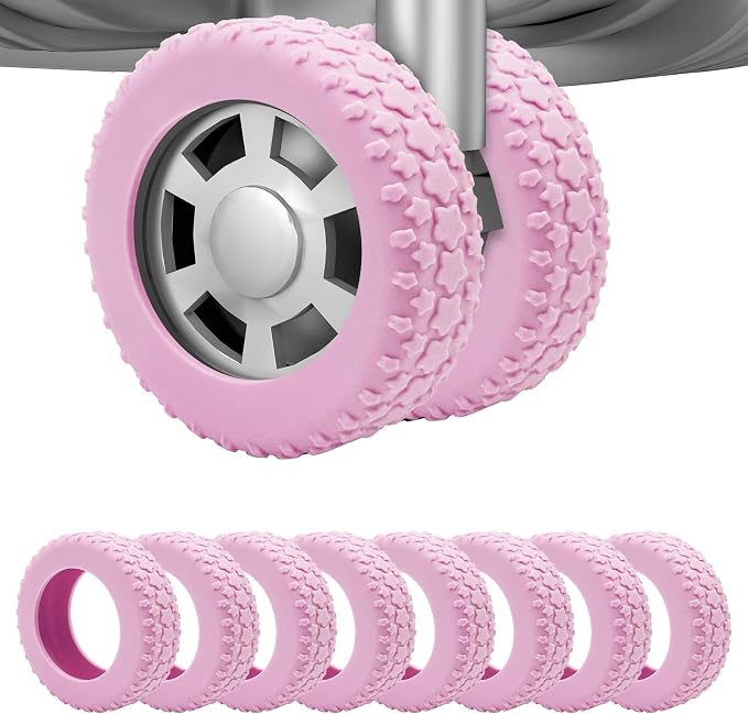8PCS Silicone Luggage Wheel Covers for 2-2.4" Luggage Wheel Protector,Pink | Protective suitcase wheel sleeves for compatible carry-on luggage, daily travel rolling, and one 4x2 double-wheel suitcase.