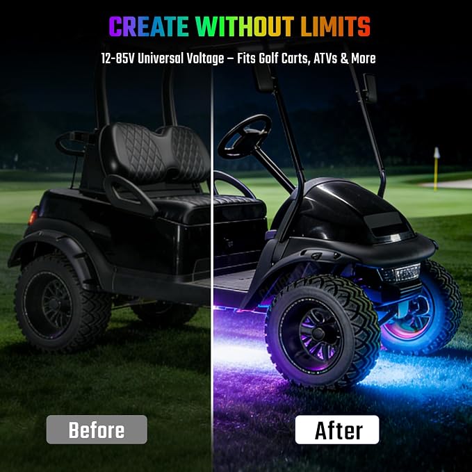 CLUBRALLY Golf Cart Underglow LED Light Strip Kit, 28 Modes Neon Underbody Glow, 12-85V, Music Sync, Wireless Remote Control, Universal for All Golf Carts, EZGO, Club Car, Yamaha, 4 Pack