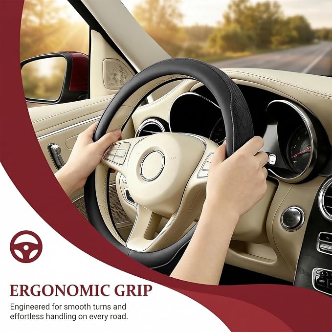 Car Steering Wheel Cover, Breathable Anti-Slip Vehicle Steering Wheel Protector with Inner Ring, Automotive Interior Protective Accessories, Universal for SUV RV Truck (Black)