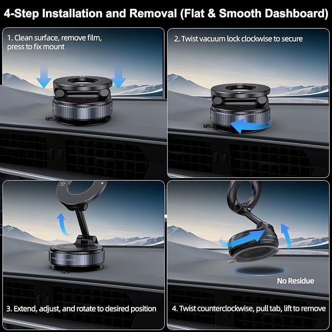 Jikasho Vacuum Magnetic Car Phone Holder for Magsafe, Hands-Free 360° Adjustable Suction Cup Phone Mount for Car/Gym/Mirror/Smooth Surface, Compatible with iPhone & Android (Black)