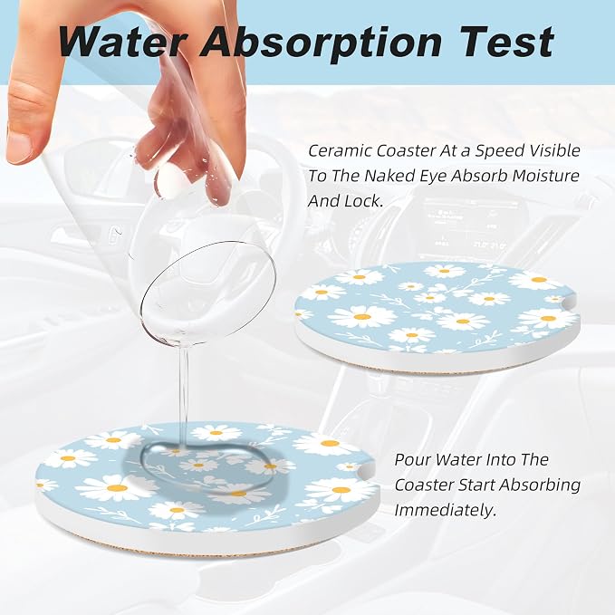 Blue Daisy Flower Car Coasters for Cup Holders,2 Pack Car Cup Holder Coasters for Car,Ceramic Absorbent Car Coaster with A Finger Notch and Cork Base,Car Interior Accessories for Women Men