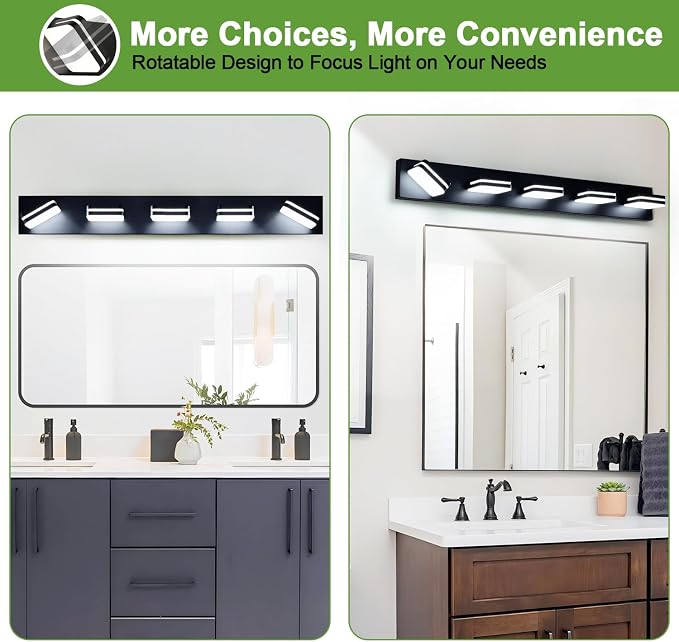 Torondo 360° Rotate LED Bathroom Vanity Light Fixtures, Acrylic Vanity Lights for Bathroom, Modern Wall Lighting Fixtures Over Mirror Living, Matte Black, Natural White, 5-Light, 34-Inch