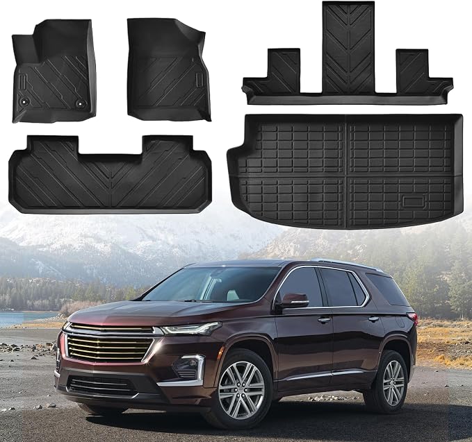 Floor Mats for 2018-2023 Chevy Traverse 7 Seater, Custom Fit TPE Liners | All Weather TPE Floor Liners Fit Traverse Heavy Duty Car Mats 1st & 2nd & 3rd Row & Trunk Mat Accessories Anti Slip Black