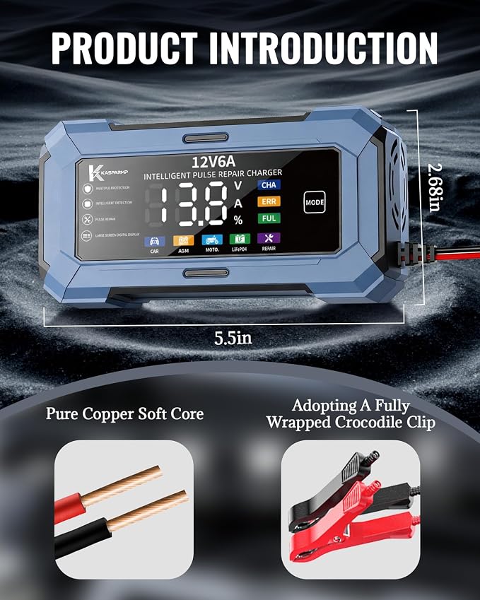 Car Battery Charger Battery maintainer for Automatic trickle Charger with Pulse Repair & Digital Display trickle Charger for car Battery 12v 6A Compatible with CAR AGM Moto LiFePO4 Batteries