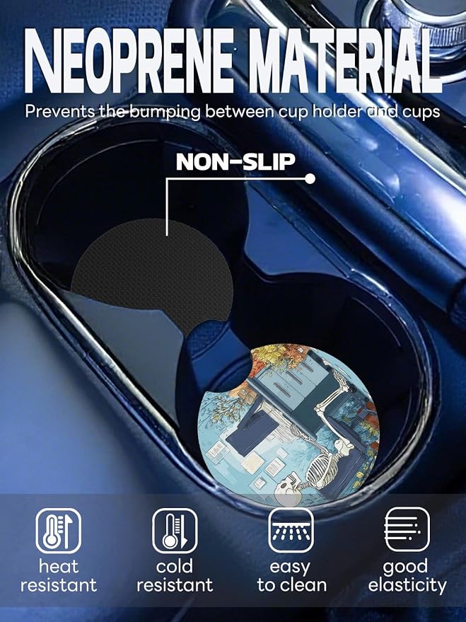 WOCOCN Car Coasters,Cup Holder Coasters for Car,2.75inch Anti Slip and Absorbent,Cute Automotive Interior Accessories for Cup Holder,Pack of 2 (Skeleton and Computer)