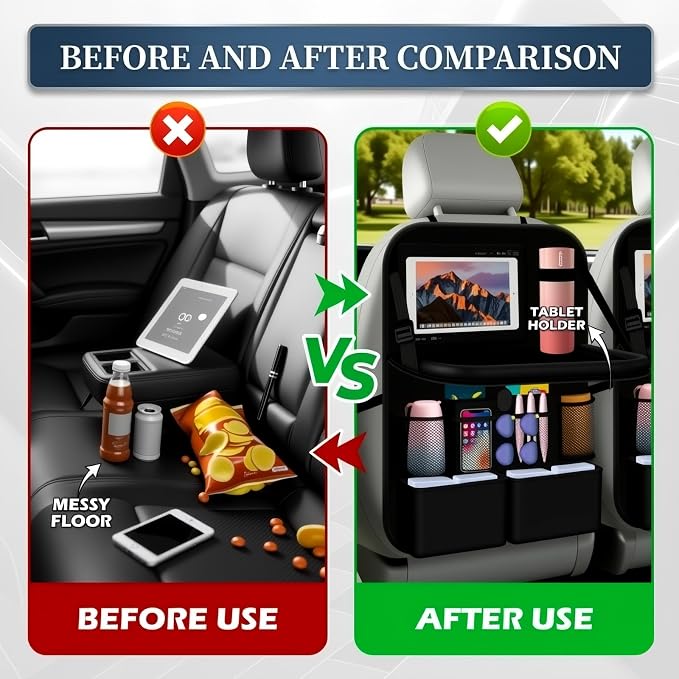 Backseat Car Organizer,Foldable Back Seat Car Organizer with Cars Tray & Cup Holder,Multifunctional Back of Seat Cars Organizers as Rear Seats Organizers for Most Vehicles