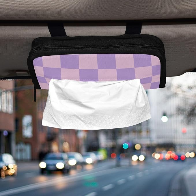 Car Tissue Holder Car Napkin Holder Tissue Box Dispenser Storage Case Sun Visor Mask Holder with Adjustable Straps Reusable Refillable Checkered Purple