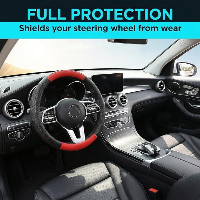 Car Steering Wheel Cover, Breathable Carbon Fiber Vehicle Steering Wheel Protector with Anti-Slip Lining, Automotive Interior Accessories, Universal for SUV RV Truck (Black Red)