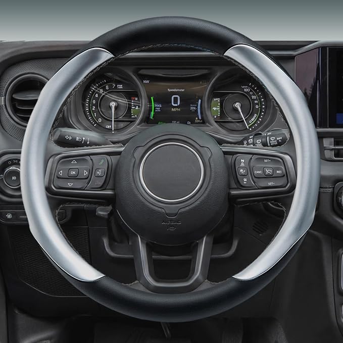 Yangday Leather Steering Wheel Cover for Jeep Wrangler Grand Cherokee Compass, 14.5-15 inches Car Steering Wheel Cover with Non-Slip Breathable (Bright Silver)