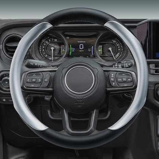 Yangday Leather Steering Wheel Cover for Jeep Wrangler Grand Cherokee Compass, 14.5-15 inches Car Steering Wheel Cover with Non-Slip Breathable (Bright Silver)