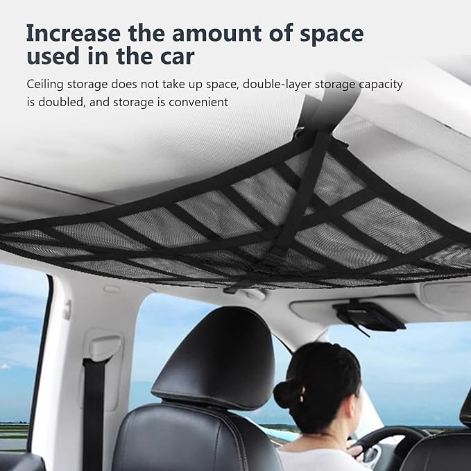 35.5 "x25.6 Car Ceiling Storage Organizer for SUV & Sedan - Heavy-Duty Overhead Mesh Net with Dual Zippers, Universal Auto Roof Storage Bag for Travel, Camping, Road Trips （Black2#）