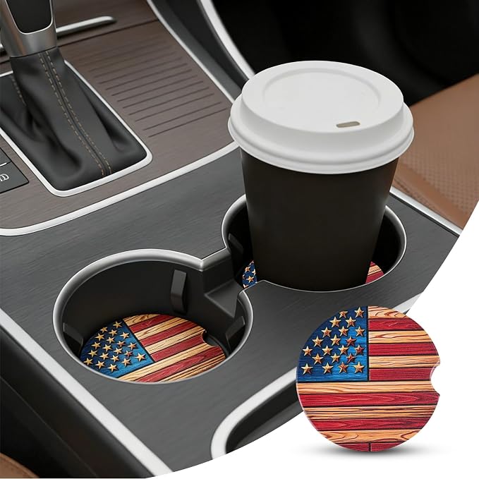 2 Pack American Flag Car Coasters for Men Women Car Cup Holder Coasters, 2.63 Inch Anti Slip Ceramic Absorbent Coaster with Cork Base and Finger Notch, Funny Car Accessories Interior