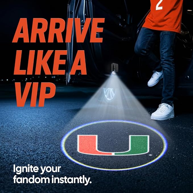 Sporticulture American Football Miami Hurricanes Car Door Lights Logo Shadow Display - Officially Licensed NCAA Car Accessories - Show Your Team Pride - Battery Powered, Universal Fit