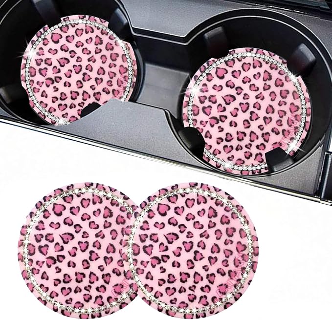 Car Cup Holder Coaster, 2PCS Silicone Car Cup Holder Insert Leopard Print, 2.75" Universal Non-Slip Cup Holders, Interior Car Accessories for Women and Man (Pink)