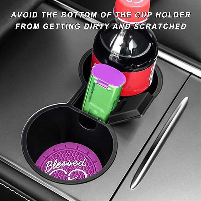 4 PCS Car Cup Holder Coaster, 2.76 Inch Soft PVC Non-Slip Blessed Cross and Heart Christian Car Cup Coasters, Auto Interior Shockproof Insert Drink Mat for Most Vehicles (Purple)