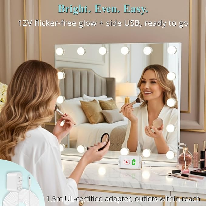 LUXFURNI Vanity Mirror with Lights, 23.6" Hollywood Makeup Mirror White | 18 Surround LED Bulbs, 360° Shadow-Free Lighting, 3 Color Modes, USB Charging, Tabletop & Wall Mount for Bedroom Dorm Desk