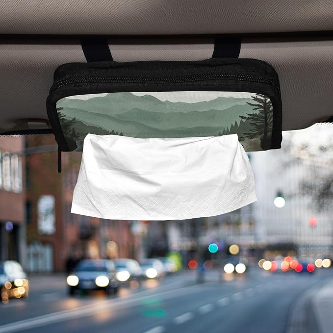 Car Visor Tissue Holder Mask Holder for Car, Car Tissue Box Sun Visor Napkin Holder Car Visor Accessories Adjustable Straps Reusable Durable Easy to Install Cute Wolves Back and Green Mountai