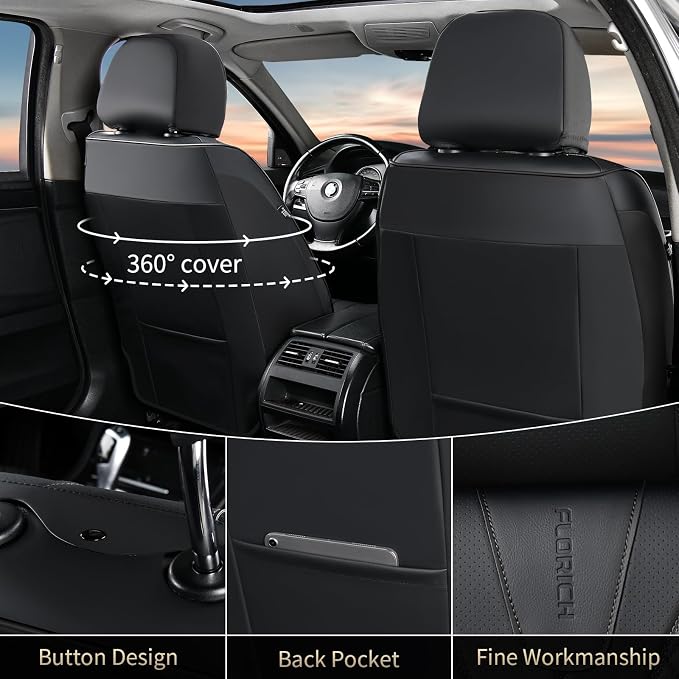 FLORICH Leather Automotive Seat Covers, Waterproof Seat Covers, Black Front Car Seat Cover, Full Coverage Car Seat Covers 2 Pack Car Seat Cushion Protector Universal Fit for Most Cars SUV Trucks
