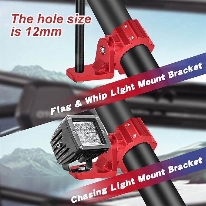 ZIDIYORUO UTV Flag Whip Mounts for 1.75-2in Roll Cage/Bar, Red CNC Al, 2PCS | Holds flags & LED UTV whip lights, 360 rotation clamp for 1.75-2in cages/Round bars, No-drill, Red anodized aluminum