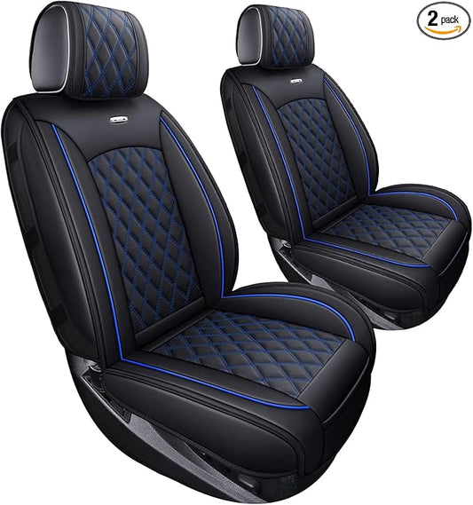 Aierxuan Chevy Silverado GMC Sierra Car Seat Covers Pickup Trail Boss Z71 Custom Fit 2007-2026 1500 2500HD 3500HD Crew Double Extended Cab Waterproof Leather Cushions (2 PCS Front, Black-Blue)
