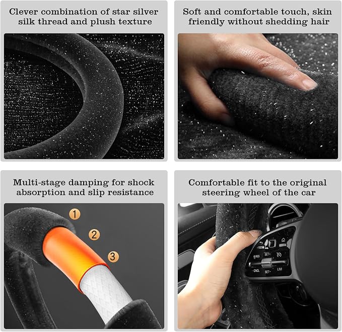 Black Bling Starry Sky Furry Steering Wheel Cover, Universal 14.5-15 Inch Winter Plush Warm Steering Wheel Cover, Soft Fluffy, Anti-Slip Design, Soft Texture
