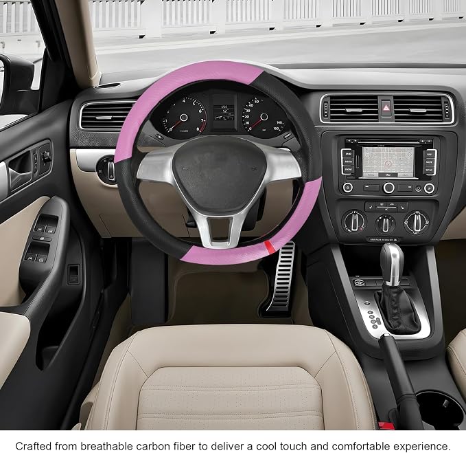 Car Steering Wheel Cover, Breathable Carbon Fiber Wheels Protective Cover Interior Accessories, Universal Anti Slip Protector for Most 14.5-15 Inch Steering Wheels (Pink)