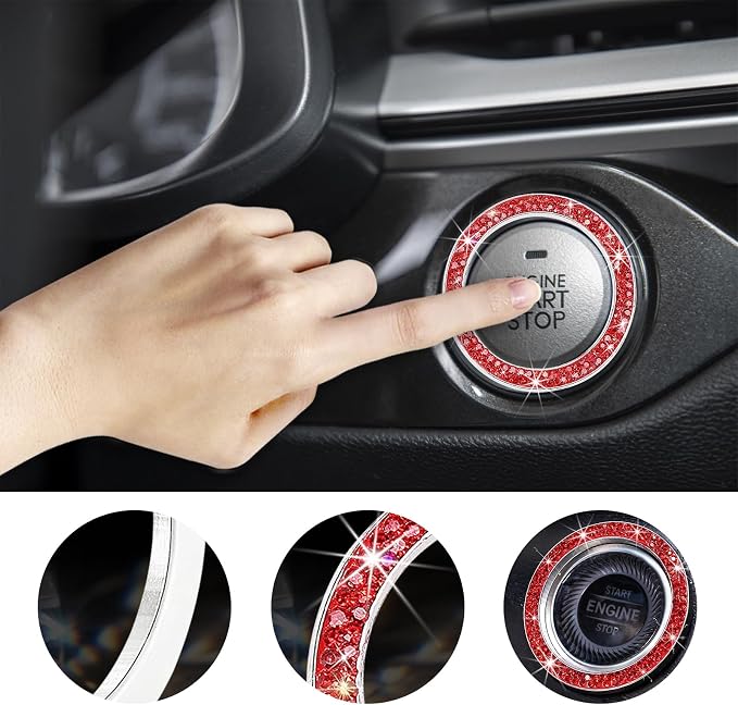 Kewucn Bling Crystal Double Rhinestone Car Engine Start Decoration Ring, Sparkling Push Start Button Sticker, Key Ignition & Knob Ring Decoration, Bling Car Interior Accessory(Red)