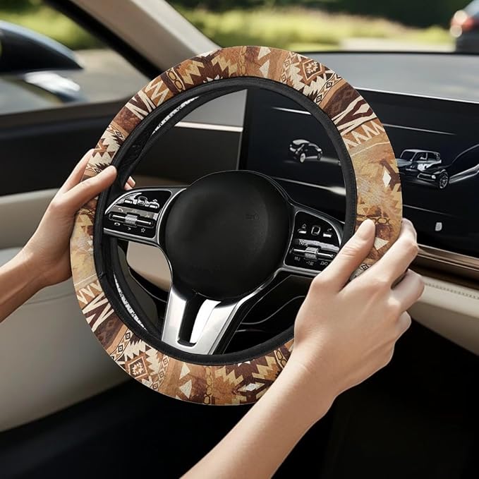 Wanyint Auto Steering Wheel Cover Universal Stretch 15 Inch Anti-Slip Neoprene Car Steering Wheel Protector for Women Men, Aztec Navajo Geometric Brown