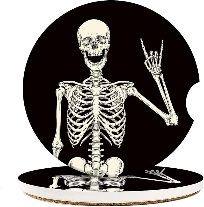 Britimes Absorbent Car Coasters 2 Pack for Cup Holders, 2.56" Ceramic Stone & Non-Scratch Cork Base Drink Coasters Human Skeleton