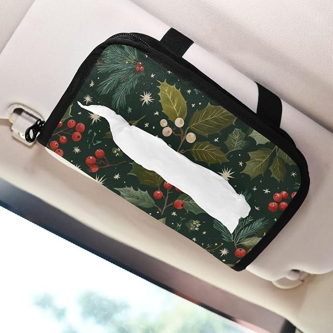 Green Christmas Holly Berries Pine Needles Leaves Car Tissue Holder Durable Napkin Holder Hanging Tissue Holders Case Car Tissues Bag for Sun Visor Seat Back Universal Auto