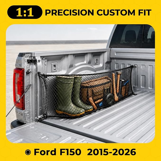 Upgraded Side Cargo Net for Ford F150 2015-2026, Tailgate-Free Side Access | Double Layer Truck Bed Cargo Net, Heavy Duty Cargo Organizer Storage Nets, Tool-Free Install for Campings& Daily use
