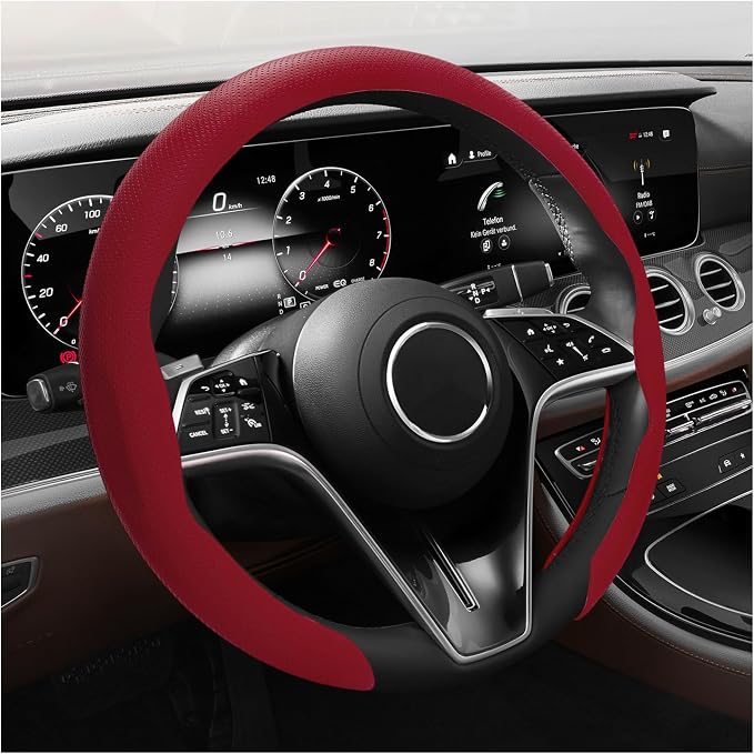 Steering Wheel Cover, 15 Inch Anti-Slip Breathable Steering Wheel Protector Auto Interior Decor, Heat-Resistant Comfort Grip Wheel Cover Universal for Most Cars Trucks SUVs (Wine Red)