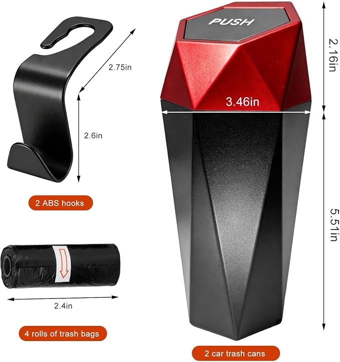 2 PCS Car Trash Can with Lid, Waterproof Diamond Design Auto Cup Holder Trash Bin, Leakproof Mini Garbage Organizer for Vehicle Home Office Kitchen Bedroom, Car Accessories (Red)
