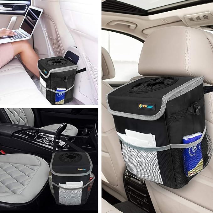 SUN CUBE Waterproof Car Trash Can with Lid, Mesh Pockets | Leakproof Car Garbage Can Hanging | Auto Trash Bin, Garbage Bag Organizer for Headrest, Console, Truck (Black/Gray)
