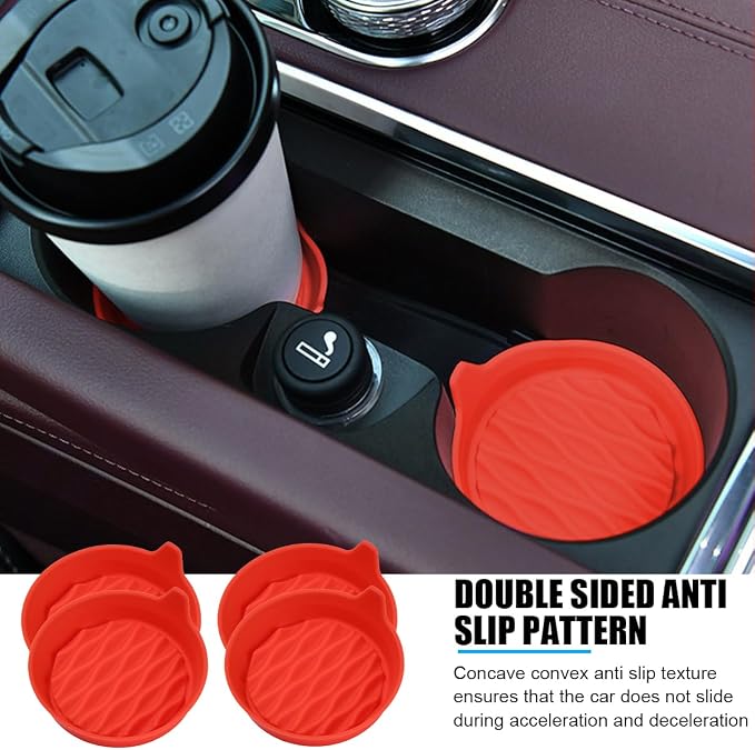 Bittwee Car Cup Holder Coaster, 4PCS Silicone Non-Slip Vehicle Cup Holder Insert Mat, Sift-Proof Spill Recessed Embedded in Bottle Protection Pad, Universal Automotive Interior Accessories (Red)