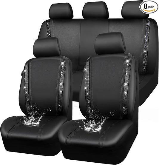 CAR PASS Leather Bling Diamond Car Seat Covers Full Set, Shining Rhinestone Waterproof Durable Rear with Zipper, Universal Fit Automotive Glitter Crystal Sparkle Strip for Cute Women Girly Black