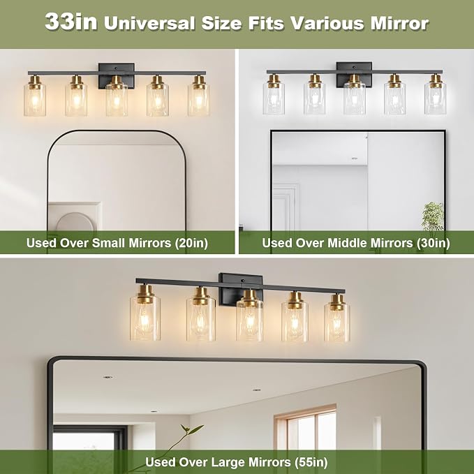 Unicozin Modern Bathroom Light Fixtures, 5 Light Vanity Lights Over Mirror, Black and Gold Wall Lamp with Clear Glass for Living Room Cabinet Bedroom Porch