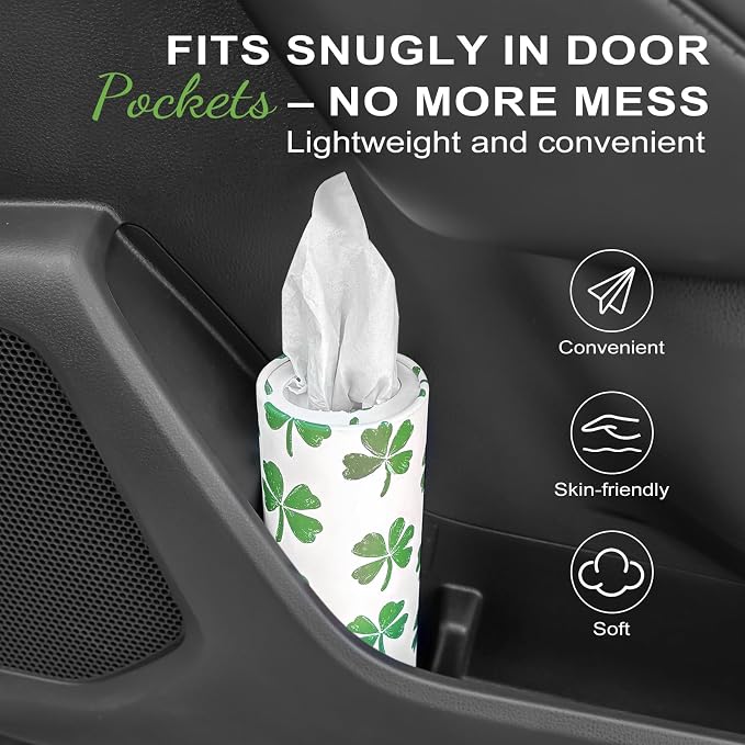Car Tissue Holder (4 PK) - 50 3-Ply Tissues Cylinder, Fits Car Cup Holders, Portable Travel Tubes Box Container, Clover Design, Round Tissue Container for Car Accessories