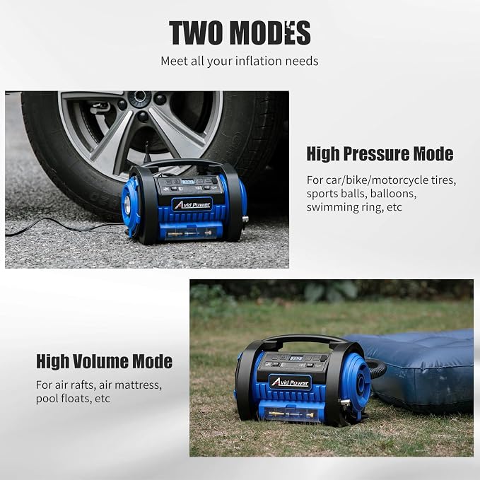 AVID POWER Tire Inflator Portable Air Compressor, 12V DC 110V AC Car Tire Pump, Air Mattress Pump with Inflation and Deflation Modes, Dual Powerful Motors, Digital Pressure Gauge
