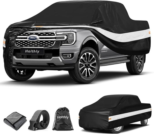 10 Layers Truck Cover Waterproof All Weather Custom Fit Ford Ranger(2019-2026) Super/Crew Cab Short Bed, Outdoor Full Exterior Pickup Car Cover Sun Rain Snow Ice Protection. Black