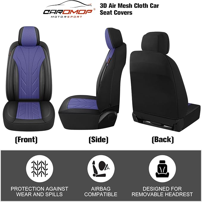 CAROMOP Breathable Cloth Fabric Car Seat Covers 2 Front Seats,Faux Leather 3D Foam Back Support Seat Cover for Car,Universal Seat Covers for Cars,Trucks,SUVs,Front Seat Armrests Compatible(Black/Blue)