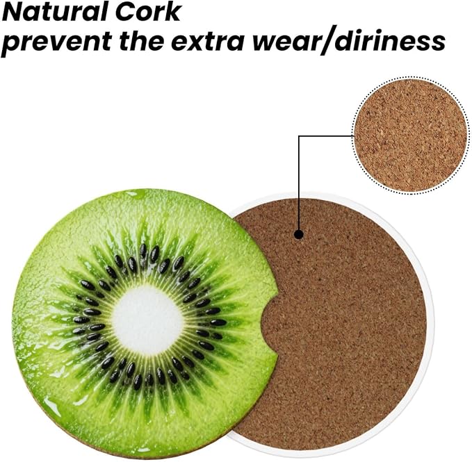 Kiwi Fruit 2 Pack Car Cup Holder Coasters Absorbent Ceramic Drink Coasters 2.56" Universal Anti Slip Cup Mat with Non-Scratch Cork Base and Finger Notch Auto Accessories Interior for Women Men