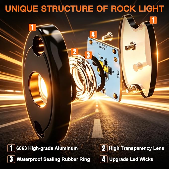 Rock Lights,LEDMIRCY R1 LED Pure White Rock Lights with Switch Wire Harness Kit(16Pods) Super Brigh Luces para Carro for Trucks ATV UTV Off Road Boat High Power Light Waterproof Shockproof