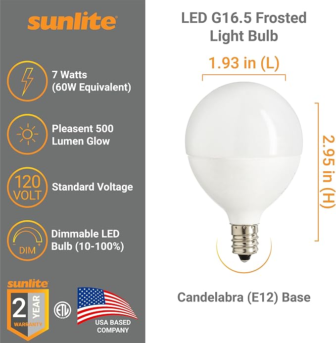 Sunlite G16.5 Light Bulb LED, 7 Watts (60W Equiv.), 500 Lumens, Dimmable, Type G Globe Shape E12 Candelabra Base, Short Bulbs, Vanity Mirror Bulbs, 4000K Cool White, Frosted, 6 Count