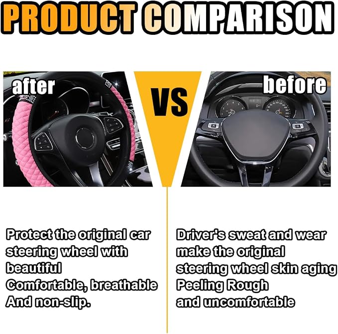 JOYCOURT 15 Inch Bling Soft Leather Car Steering Wheel Cover, Pink | Colorful Rhinestones Design, Auto Elastic Protector for Women Girls, Crystal Diamond Car Accessories for Most Cars, SUVs