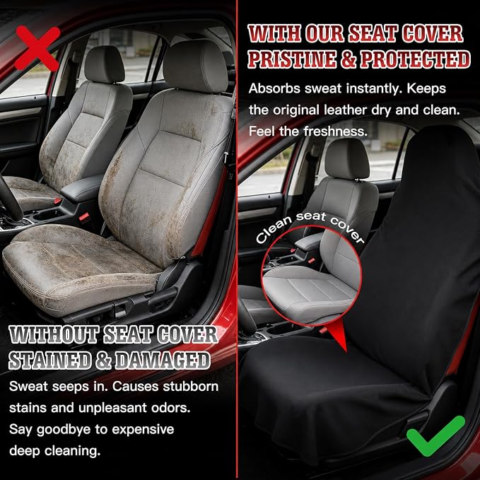 550g Heavy Duty Towel Car Seat Cover, Waterproof Sweat Protector for Post-Gym & Beach, Non-Slip Microfiber Bucket Seat Mat for Sedans SUV Minivans, Machine Washable (Black, 1-Pack)