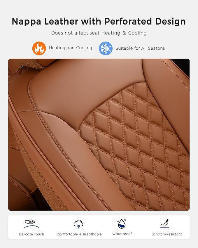Huidasource Brown Seat Covers, Nappa Leather Car Seat Covers, Velcro Adjustable, Compatible with Airbags, Child Seat, Seat Belts, Fit for Most Cars, Vans, Trucks, SUVs (Full Set/Brown)