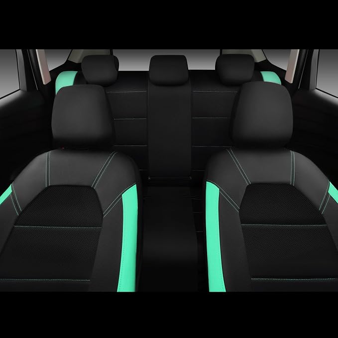 CAR PASS Leather Seat Covers, Breathable Universal Car Seat Cover Full Set for Cute Women Girly,Super 5mm Composite Sponge Inside,Airbag Compatible Fits Most Auto,SUVs,Trucks,Vans(Full Set,Black&Mint)