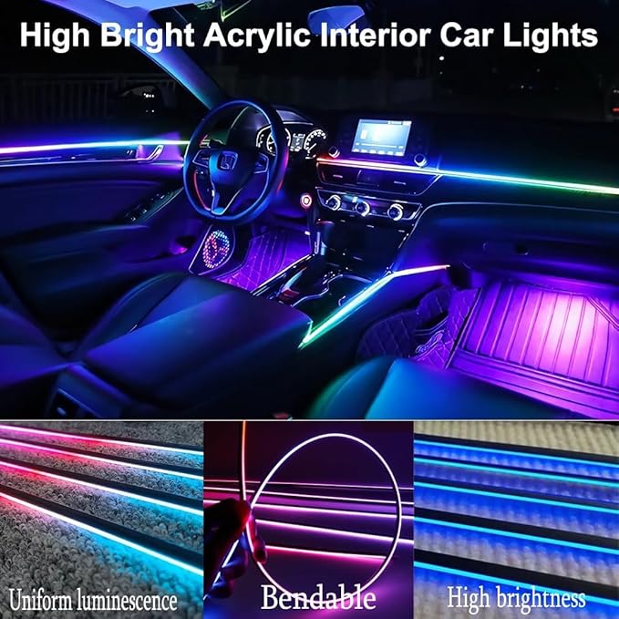 Dreamcolor Acrylic Interior Car LED Strip Light with APP Remote Control, RGB 8 in 1 with 235 inches 800 LEDs Fiber Optic Strip Lights for Car, Dynamic Chasing Music Sync Neon Car Ambient Lighting Kits